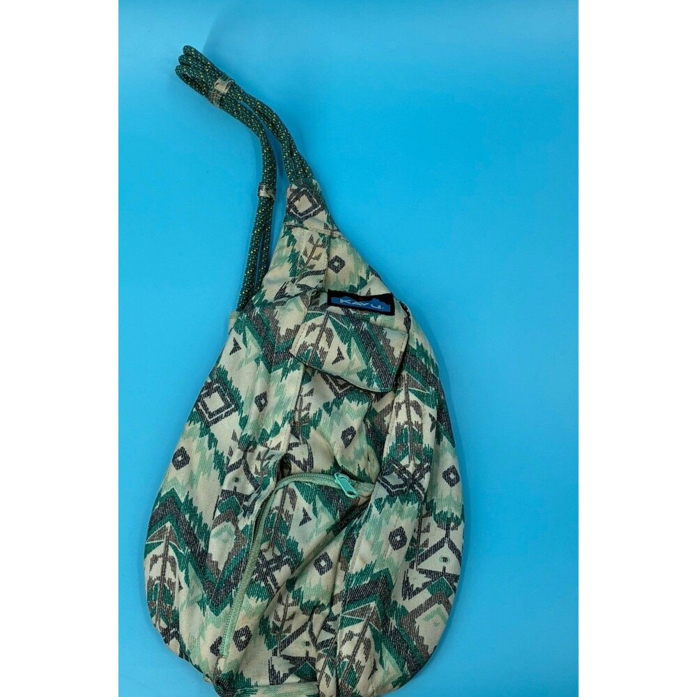 KAVU Rope Bag Sling Backpack Tan Teal Geometric Cotton Crossbody Outdoor